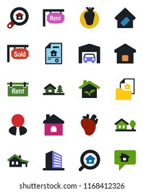 Color and black flat icon set - office building vector, house, real heart, with garage, tree, estate document, rent, sold signboard, search, agent, smart home, eco, message