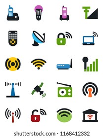Color and black flat icon set - antenna vector, wireless notebook, office phone, satellite, radio, remote control, cellular signal, lock, router, garage gate