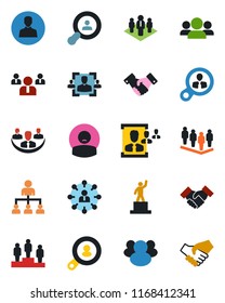 Color and black flat icon set - handshake vector, hierarchy, pedestal, team, patient, group, user, company, hr, client search, consumer