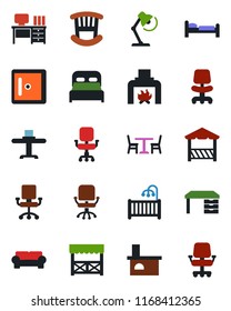 Color and black flat icon set - cafe vector, bed, checkroom, office chair, desk, fireplace, lamp, bedroom, children room, cushioned furniture, restaurant table, alcove