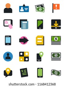 Color and black flat icon set - right arrow vector, mobile phone, identity card, document, important flag, cash, tracking, cell, user, download, application, restaurant receipt, home control app