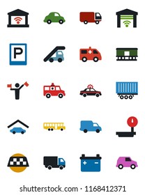 Color and black flat icon set - dispatcher vector, taxi, airport bus, parking, alarm car, ladder, ambulance, truck trailer, delivery, heavy scales, railroad, garage, gate control, battery