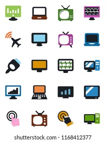 Color and black flat icon set - plane radar vector, notebook pc, statistic monitor, pulse, tv, touch screen, laptop, hdmi, statistics
