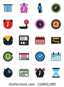 Color and black flat icon set - alarm clock vector, flight table, calendar, heavy scales, stopwatch, manager, schedule, sand