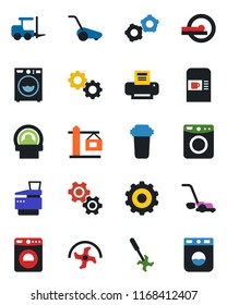 Color and black flat icon set - coffee machine vector, washer, fork loader, gear, ripper, lawn mower, tomography, printer, copier, crane, water filter