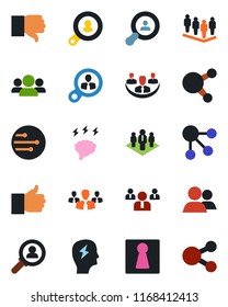 Color and black flat icon set - female vector, team, brainstorm, share, group, finger up, down, network, company, client search, consumer, social media