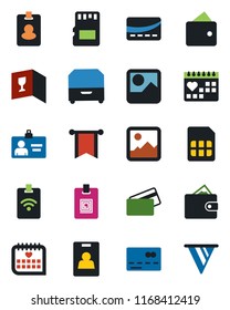 Color and black flat icon set - credit card vector, identity, medical calendar, gallery, sd, sim, archive box, wine, pass, wallet, pennon