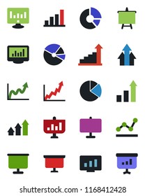 Color and black flat icon set - growth statistic vector, presentation board, monitor, circle chart, statistics, bar graph, pie, point, arrow up