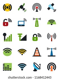 Color and black flat icon set - antenna vector, wireless notebook, border cone, satellite, equalizer, cellular signal, lock