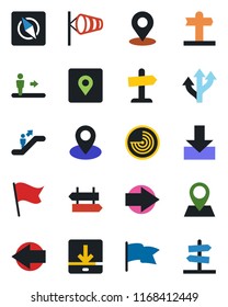 Color and black flat icon set - escalator vector, signpost, right arrow, left, wind, radar, route, pin, download, place tag, compass, flag, guidepost