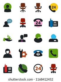 Color and black flat icon set - 24 around vector, office chair, phone, hours, support, speaker, radio, call, root setup, palm sproute