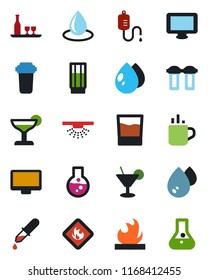 Color and black flat icon set - hot cup vector, water drop, dropper, flammable, monitor, alcohol, drink, cocktail, filter, sprinkler, flask