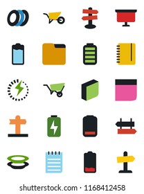 Color and black flat icon set - signpost vector, notepad, presentation board, wheelbarrow, battery, low, folder, charge, blank box, plates, guidepost