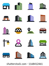 Color and black flat icon set - taxi vector, shop, office building, garden light, navigation, store, city house, cafe