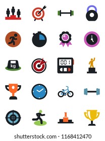 Color and black flat icon set - pedestal vector, medal, barbell, bike, run, heavy, clock, stopwatch, target, award cup