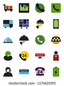 Color and black flat icon set - taxi vector, phone, mobile, 24 hours, support, consolidated cargo, call, scanner, waiter, dish, reserved, battery