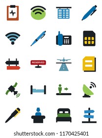 Color and black flat icon set - runway vector, escalator, signpost, reception, flight table, pen, document, pulse clipboard, office phone, satellite antenna, sim, wireless, bedroom, reserved