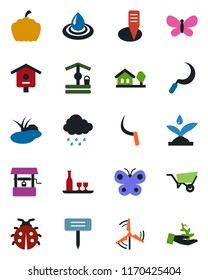 Color and black flat icon set - wheelbarrow vector, butterfly, lady bug, rain, well, sickle, plant label, pumpkin, pond, bird house, with tree, windmill, alcohol, irrigation, water, palm sproute