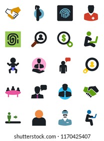 Color And Black Flat Icon Set - Escalator Vector, Baby, Speaking Man, Meeting, Doctor, Pregnancy, Client, Speaker, User, Fingerprint Id, Search, Consumer, Handshake, Money, With Notebook