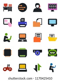 Color and black flat icon set - desk vector, notebook pc, printer, monitor pulse, support, folder document, gamepad, hdmi, network, data exchange, chip, web camera, home control app, eye scan