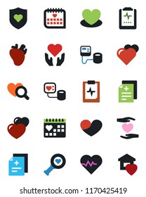 Color and black flat icon set - heart vector, pulse, diagnosis, blood pressure, diagnostic, shield, hand, real, medical calendar, clipboard, sweet home