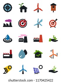 Color and black flat icon set - factory vector, bird house, target, sun panel, windmill, eco, water, palm sproute