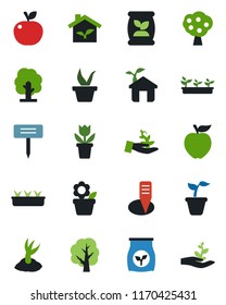 Color and black flat icon set - flower in pot vector, seedling, tree, sproute, plant label, fertilizer, fruit, apple, eco house, palm