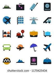 Color and black flat icon set - plane vector, runway, taxi, suitcase, baggage trolley, airport bus, umbrella, passport, ladder car, seat map, luggage storage, scales, mountains, case