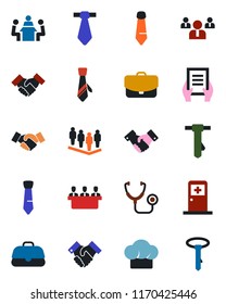 Color and black flat icon set - medical room vector, handshake, team, tie, document, stethoscope, meeting, cook hat, case