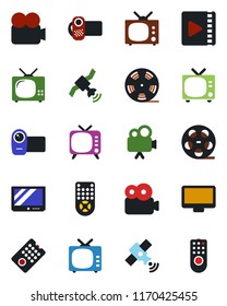 Color and black flat icon set - tv vector, reel, satellite, video camera, remote control, monitor