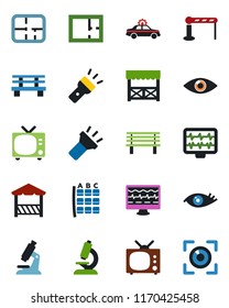 Color and black flat icon set - barrier vector, tv, alarm car, seat map, bench, monitor pulse, microscope, eye, torch, plan, alcove, scan