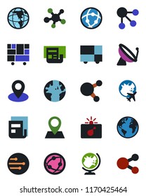 Color and black flat icon set - satellite antenna vector, bomb in case, globe, plane, earth, pin, consolidated cargo, network, share, news, social media