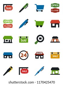 Color and black flat icon set - 24 around vector, pen, store, search cargo, sale, sold signboard, cafe building, open close, cart, storefront