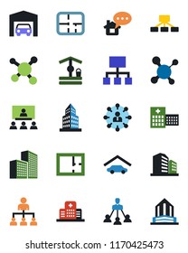 Color and black flat icon set - hierarchy vector, well, molecule, hospital, office building, garage, plan, home message