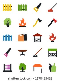 Color and black flat icon set - fence vector, tree, saw, fire, hoe, axe, abacus, table, alcove, cutting board
