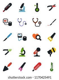 Color and black flat icon set - trowel vector, pruner, saw, stethoscope, blood pressure, thermometer, heart diagnostic, microscope, scalpel, microphone