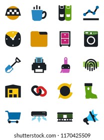 Color and black flat icon set - taxi vector, book, shovel, boot, railroad, chain, themes, clock, folder, fingerprint id, update, point graph, printer, archive box, warehouse, air conditioner, coffee