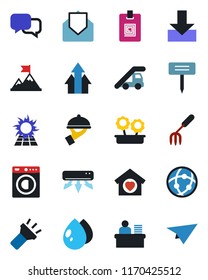 Color and black flat icon set - ladder car vector, garden fork, water drop, plant label, dialog, mail, network, download, torch, identity card, manager desk, washer, sweet home, air conditioner