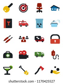 Color and black flat icon set - office chair vector, team, job, axe, seeds, doctor case, dropper, ambulance car, lock, video, house with garage, key, moving, wine card, cocktail, kebab, steaming pan