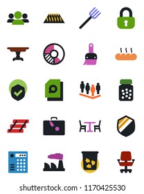 Color and black flat icon set - suitcase vector, cafe, trash bin, team, factory, circle chart, farm fork, pills bottle, shield, themes, document search, paper tray, lock, table, bread, warm floor