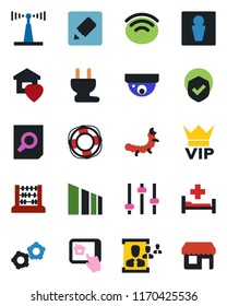 Color and black flat icon set - male vector, vip, gear, document search, abacus, caterpillar, hospital bed, sorting, shield, antenna, tuning, notes, wireless, hr, sweet home, power plug, control app