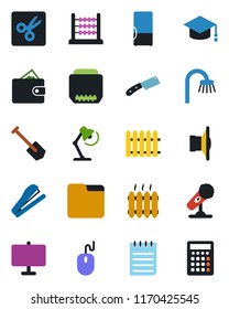 Color and black flat icon set - graduate vector, mouse, notepad, job, fence, microphone, speaker, hdmi, folder, cut, presentation board, abacus, desk lamp, stapler, bathroom, heater, fridge, knife