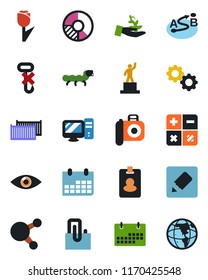Color and black flat icon set - pedestal vector, calculator, calendar, circle chart, caterpillar, eye, cargo container, no hook, tulip, route, camera, share, notes, paper clip, pc, gear, pass card