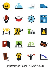 Color and black flat icon set - dispatcher vector, reception bell, airport building, hierarchy, greenhouse, 24 hours, car delivery, barcode, microphone, identity card, hr, pool, wine, vip zone, bowl