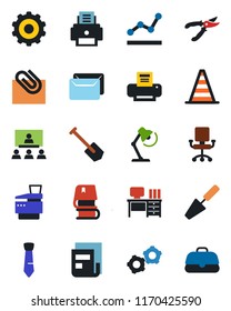 Color and black flat icon set - border cone vector, gear, desk, job, trowel, pruner, paper clip, news, point graph, lamp, printer, tie, copier, hierarchy, book, mail, office chair, case