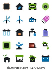 Color and black flat icon set - house with garage vector, water supply, office building, smart home, city, estate insurance, alcove, control, chip, eco, irrigation, filter, eye scan, windmill
