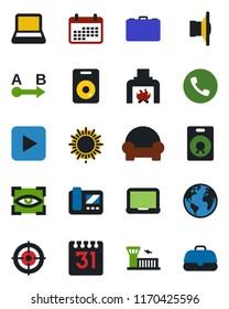Color and black flat icon set - phone vector, sun, airport building, case, notebook pc, earth, route, speaker, play button, calendar, target, cushioned furniture, fireplace, intercome, eye scan