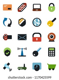 Color and black flat icon set - lock vector, mail, mouse, shield, antenna, satellite, video camera, network, laptop pc, update, calculator, key, hot dog, router, web, cart