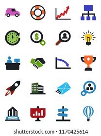 Color and black flat icon set - manager place vector, office building, consumer search, rocket, handshake, clock, growth graph, crisis, money, idea, car, hierarchy, management, mail, award cup