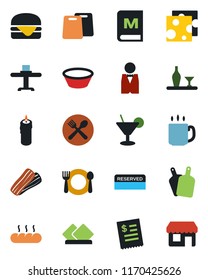 Color and black flat icon set - coffee vector, waiter, alcohol, restaurant table, cafe, menu, reserved, cocktail, bacon, bread, candle, receipt, hamburger, bowl, cutting board, cheese, serviette